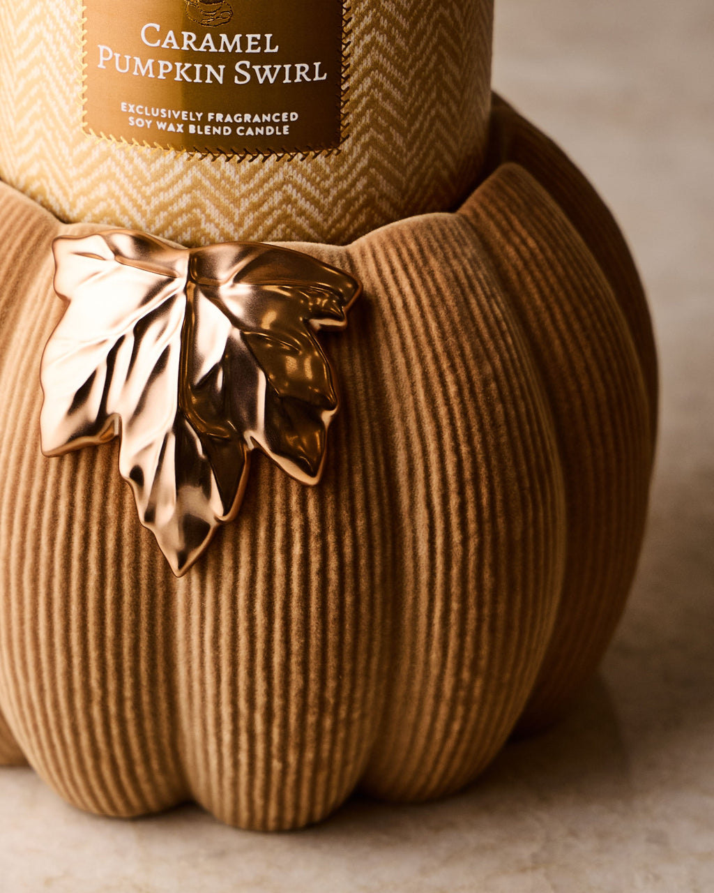 Tan Corduroy Pumpkin 3-Wick Candle Holder